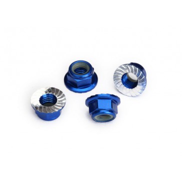 Nuts, 5mm flanged nylon locking (aluminum, blue-anodized, serrated) (