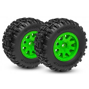 Tires & wheels, assembled (green wheels, dual profile (2.1" outer, 2.