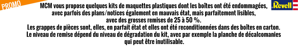 MCM vous propose quelques kits de maquettes plastiques dont les boîtes ont été endommagées, avec parfois des plans/notices également en mauvais état, mais parfaitement lisibles, avec des grosses remises de 25 à 50 %.