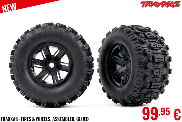 New - Traxxas - Tires & wheels, assembled, glued (X-Maxx black wheels, Sledgehammer